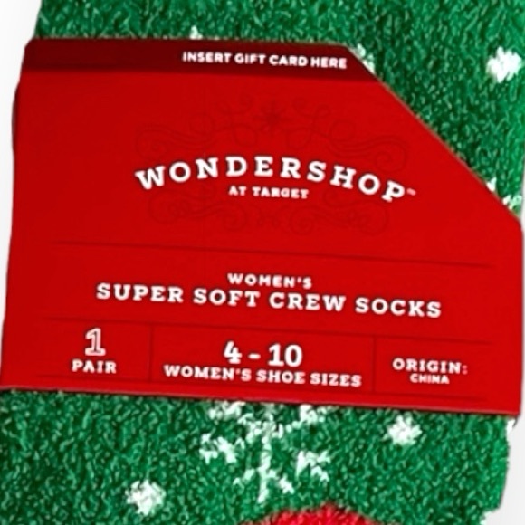 Wondershop Adult 4-10 Black Santa w/Sunnies on Super Soft Fuzzy Green Crew Socks - Picture 3 of 3